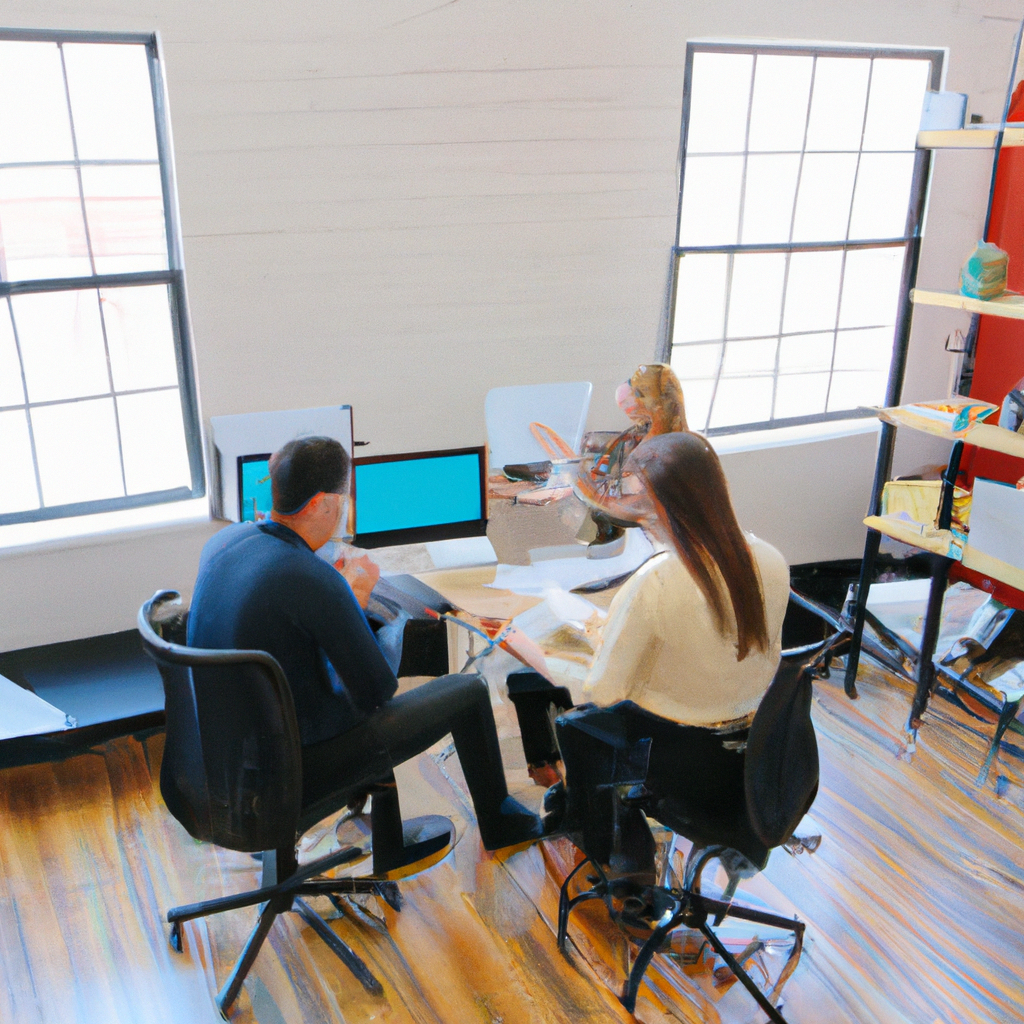 Bright modern office with team discussing public speaking strategy on a whiteboard; natural light, minimalistic interiors, premium feel